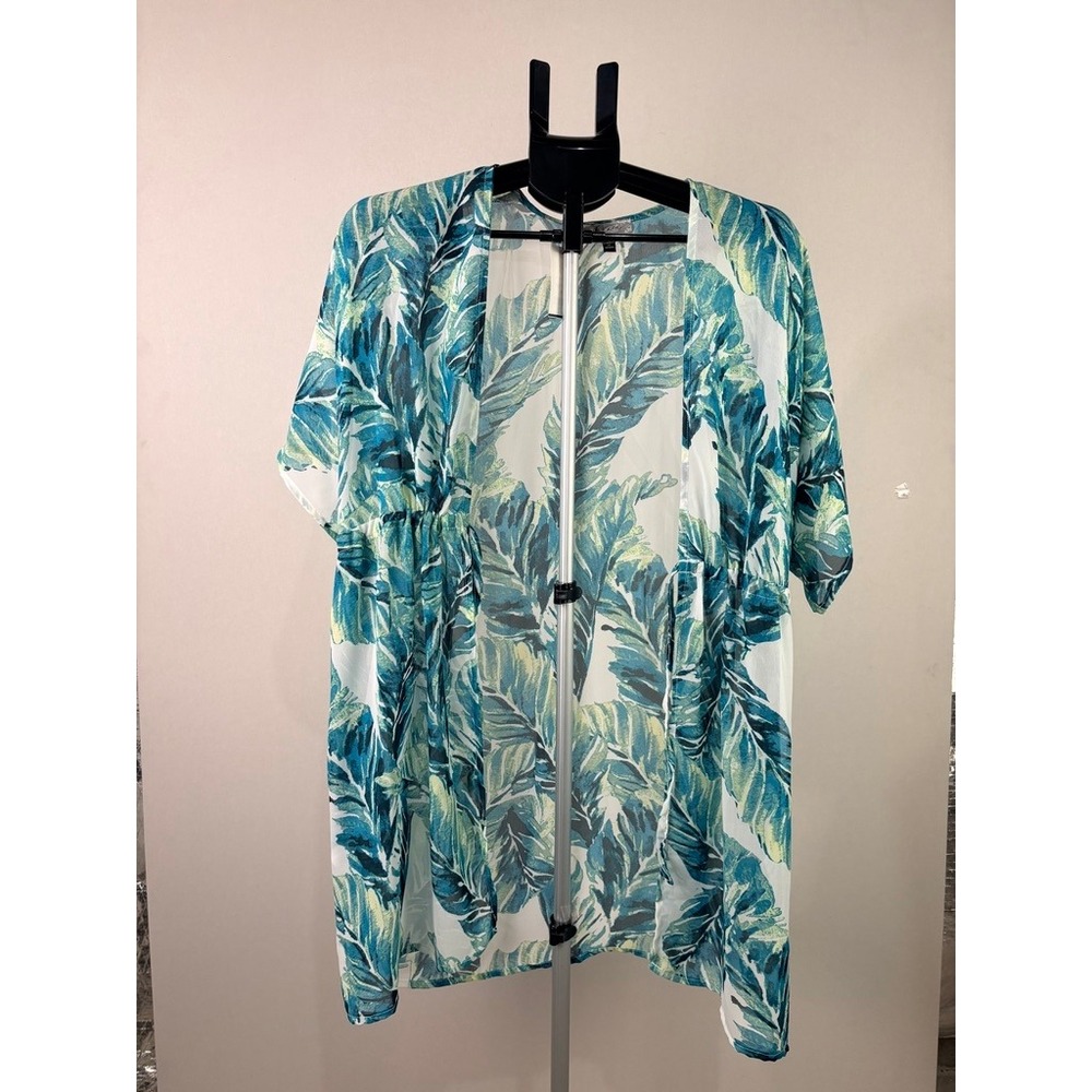 J Valdi Womens Teal Tropical Palm Leaf‎ Sheer Swim Cover Up Kimono Medium NEW